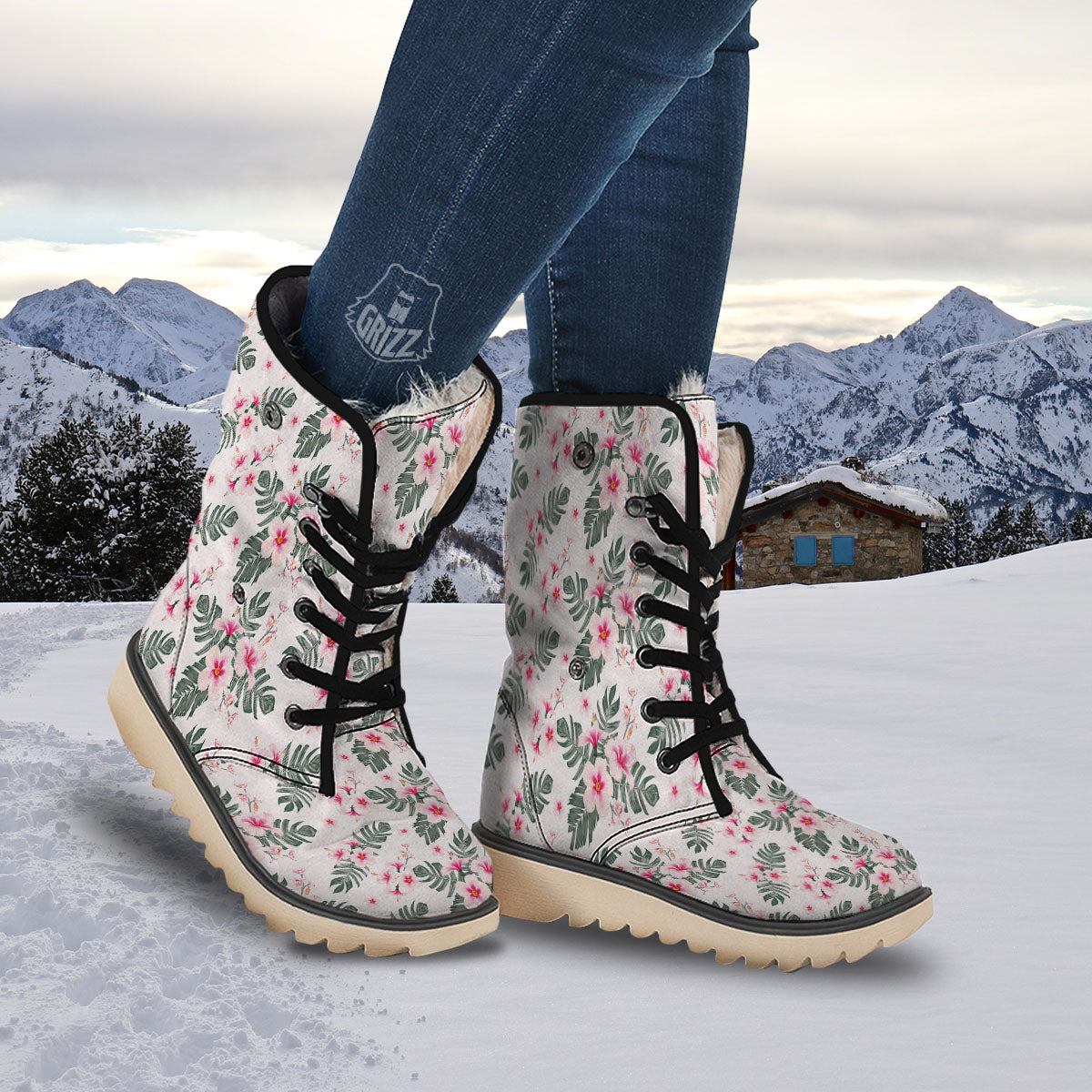Tropical Pink Hibiscus Print Pattern Snow Boots-grizzshop