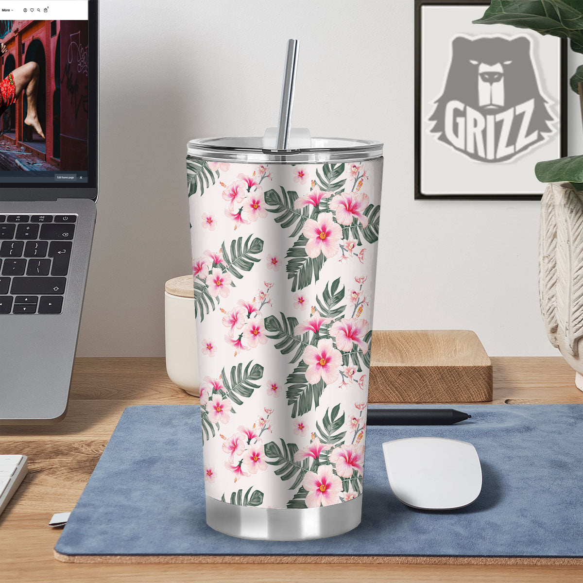 Tropical Pink Hibiscus Print Pattern Tumbler-grizzshop