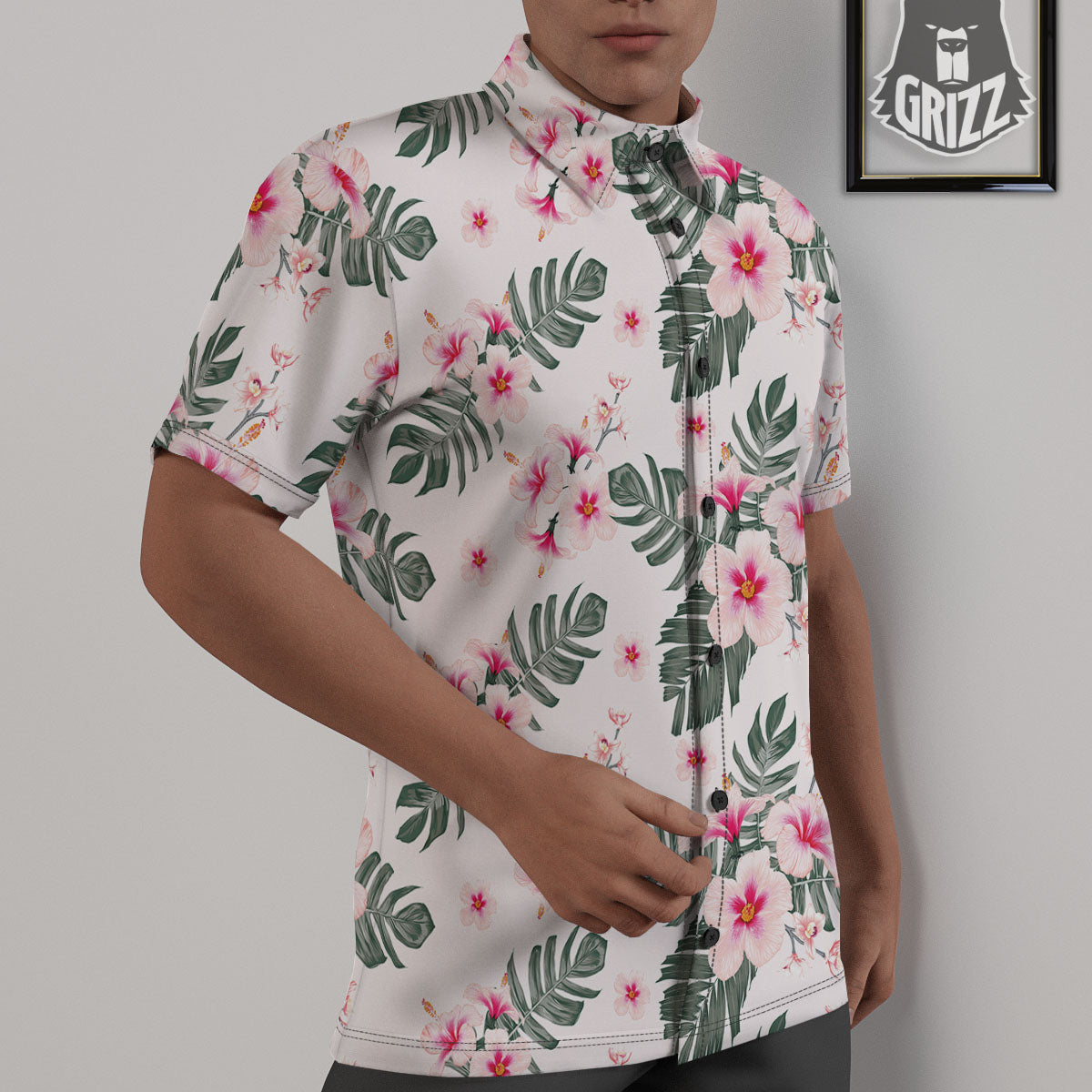 Tropical Pink Hibiscus Print Pattern Untucked Shirts-grizzshop