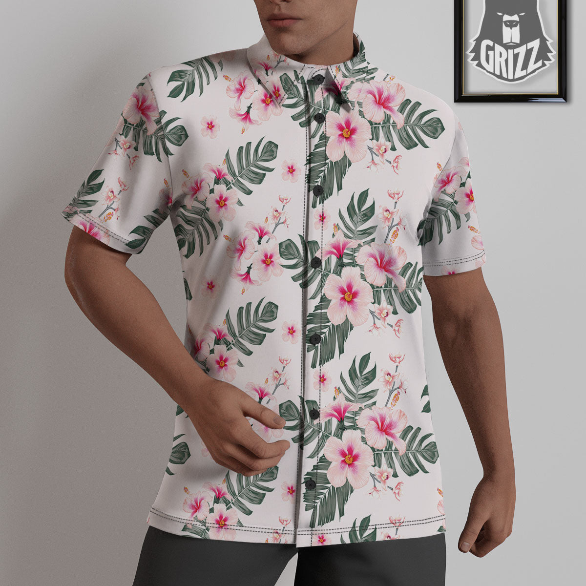 Tropical Pink Hibiscus Print Pattern Untucked Shirts-grizzshop