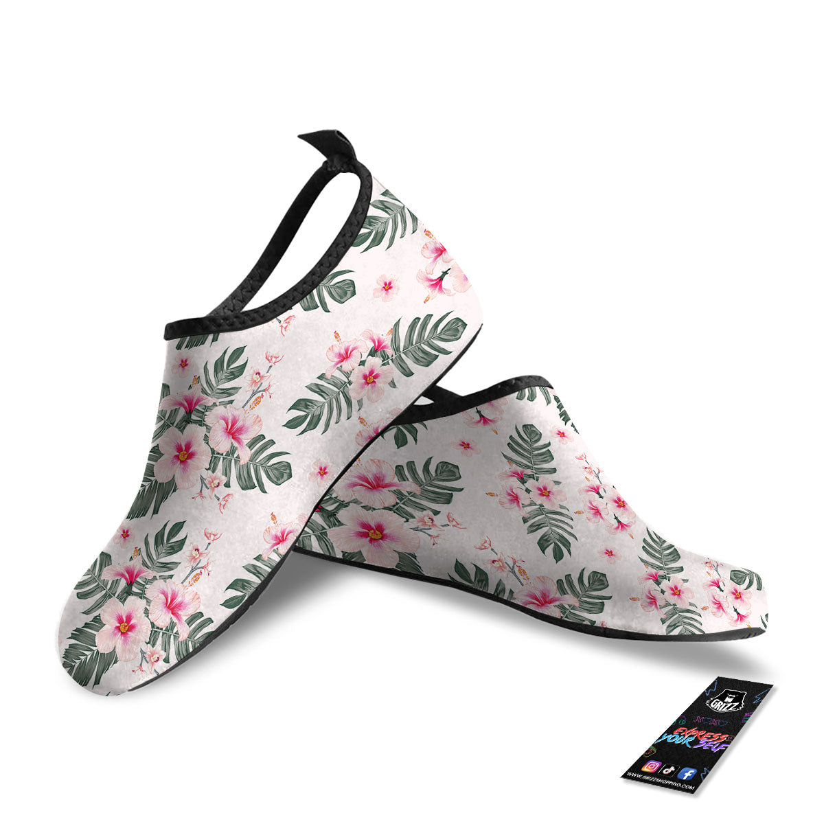 Tropical Pink Hibiscus Print Pattern Water Shoes-grizzshop