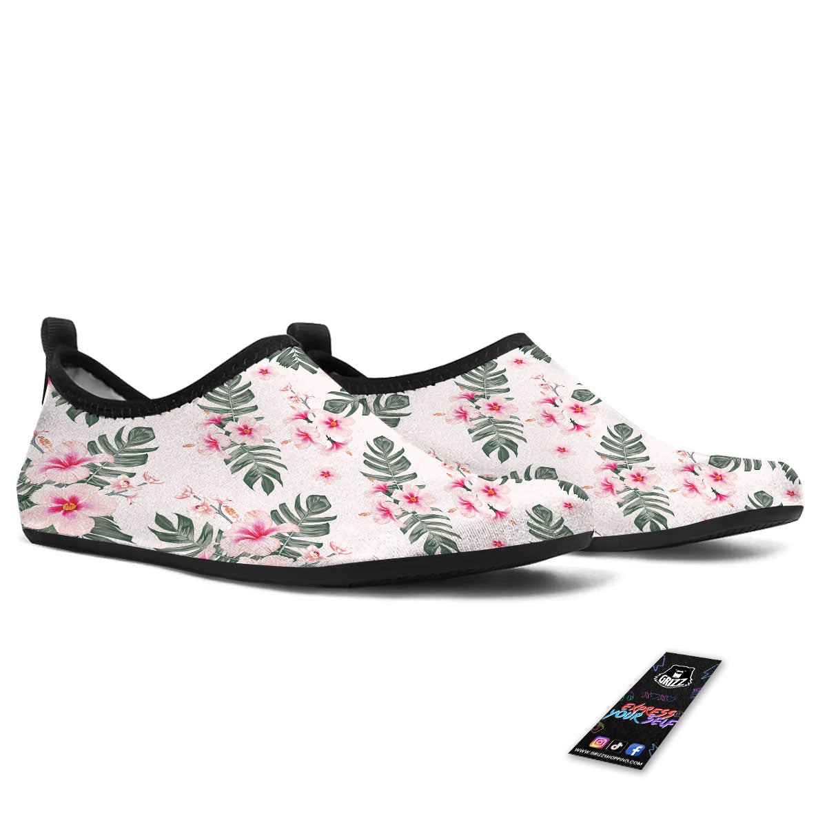 Tropical Pink Hibiscus Print Pattern Water Shoes-grizzshop