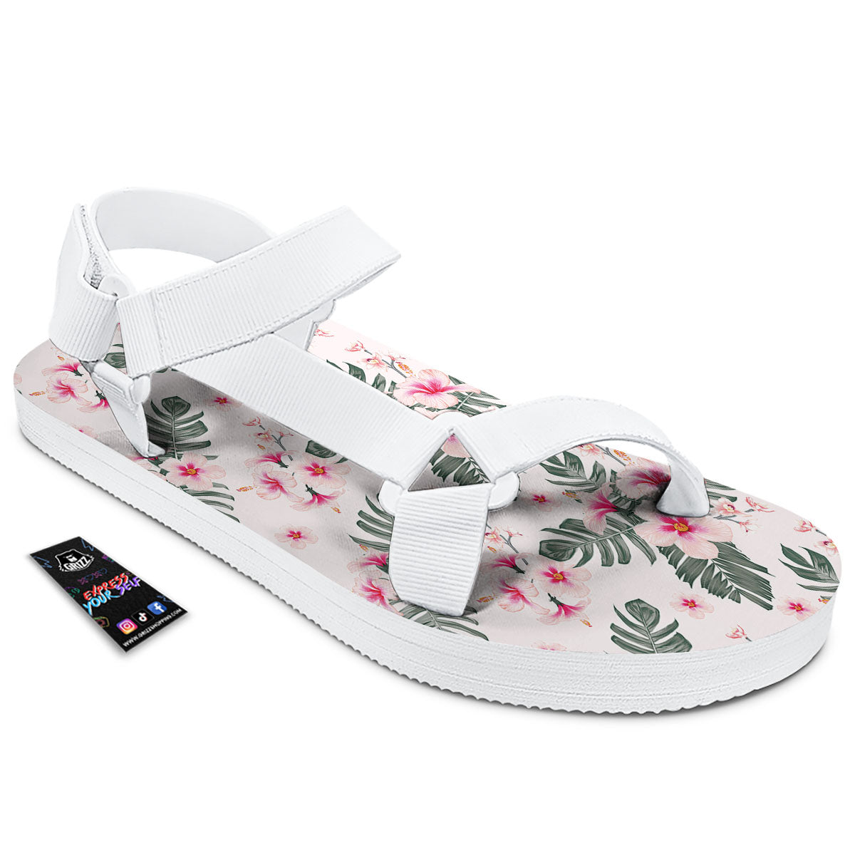 Tropical Pink Hibiscus Print Pattern White Open Toe Sandals-grizzshop