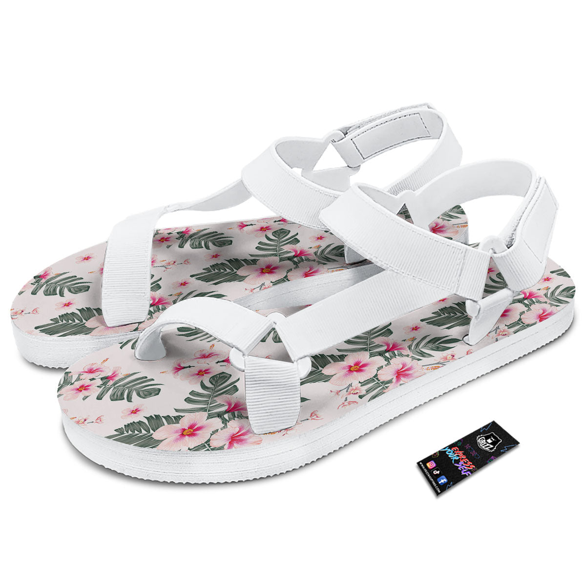 Tropical Pink Hibiscus Print Pattern White Open Toe Sandals-grizzshop