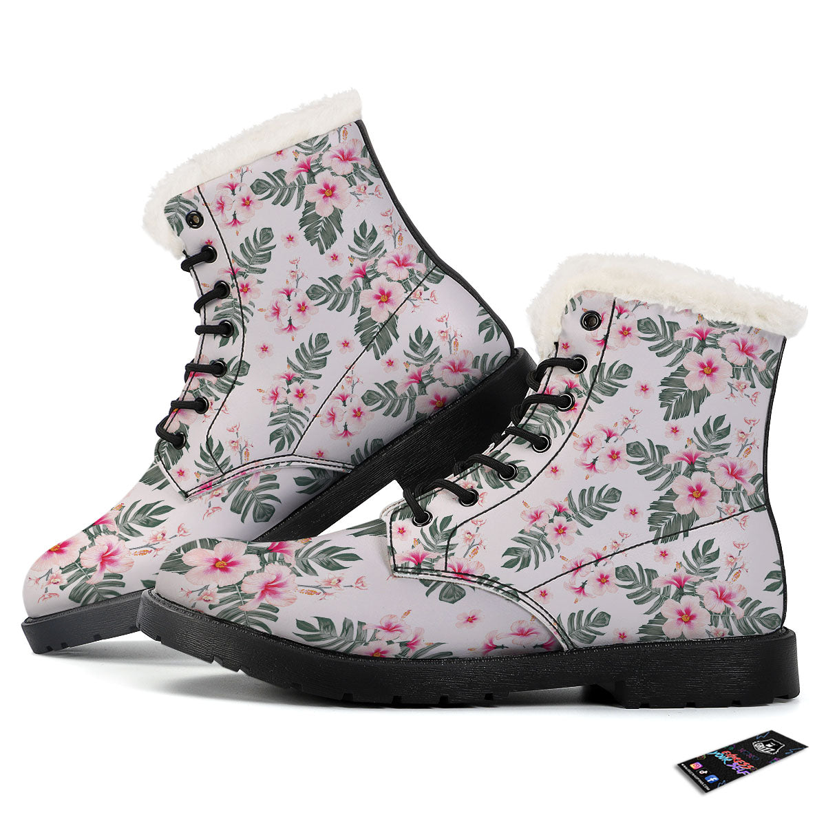 Tropical Pink Hibiscus Print Pattern Winter Boots-grizzshop