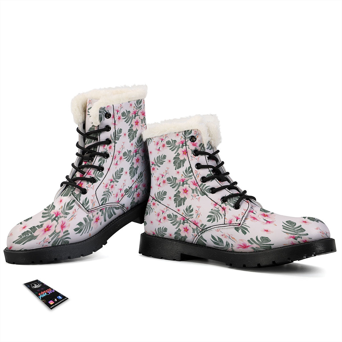 Tropical Pink Hibiscus Print Pattern Winter Boots-grizzshop