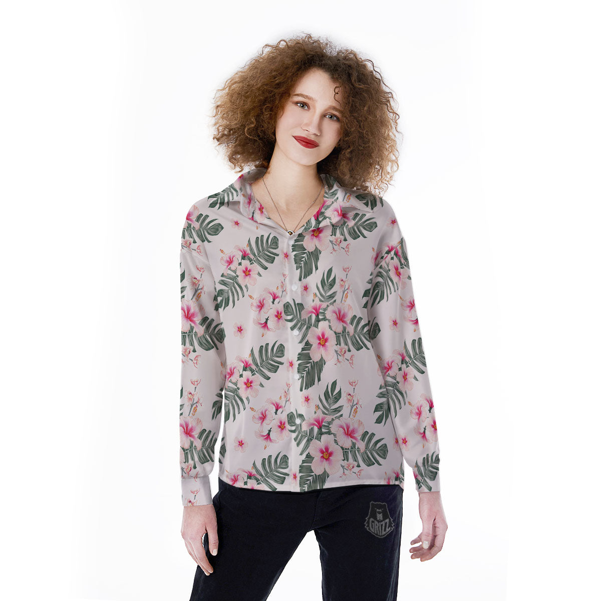 Tropical Pink Hibiscus Print Pattern Women's Long Sleeve Shirts-grizzshop