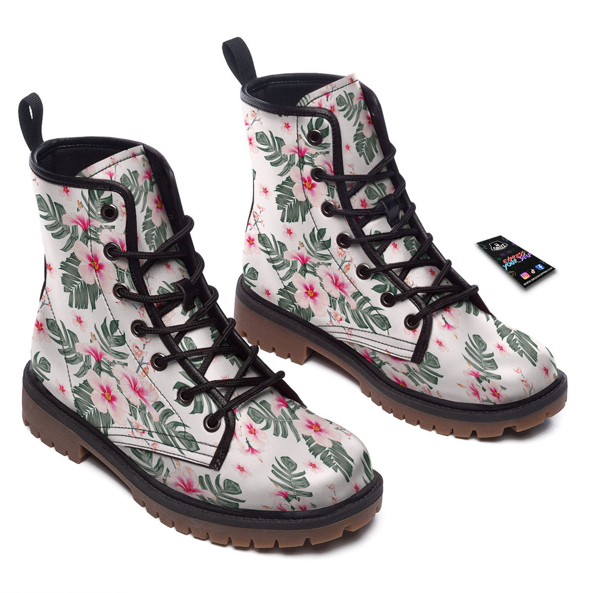 Tropical Pink Hibiscus Print Pattern Work Boots-grizzshop