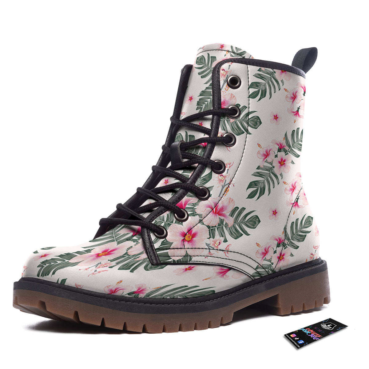 Tropical Pink Hibiscus Print Pattern Work Boots-grizzshop