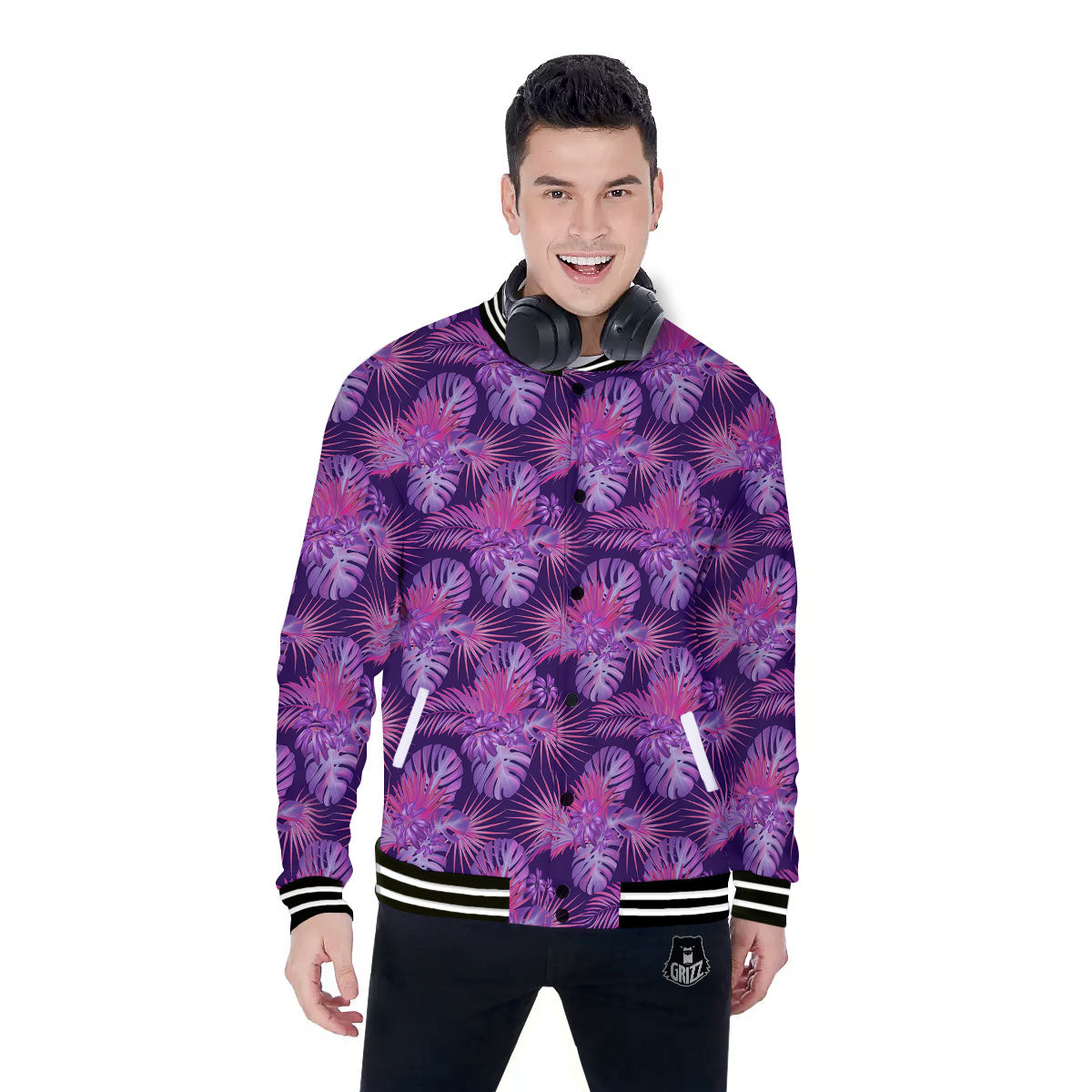Tropical Purple Print Pattern Baseball Jacket-grizzshop