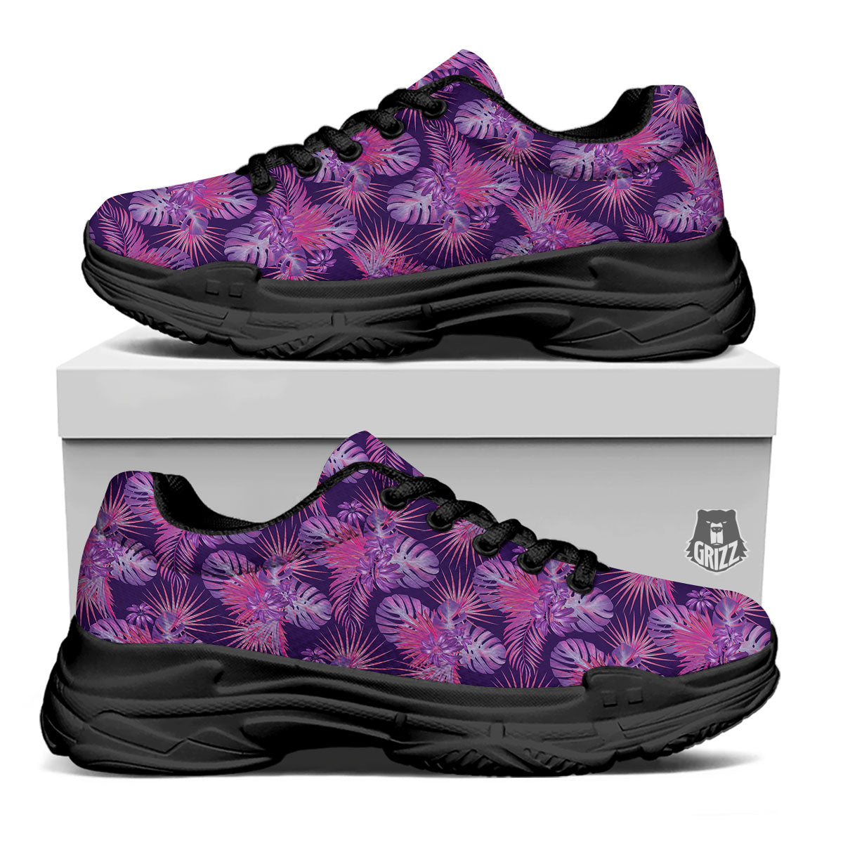 Tropical Purple Print Pattern Black Chunky Shoes-grizzshop