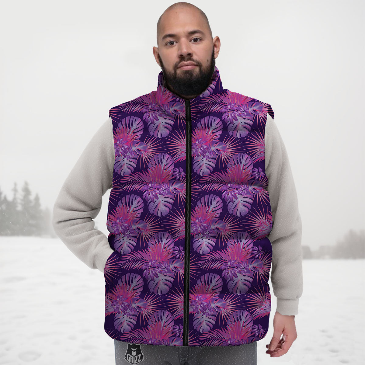 Tropical Purple Print Pattern Down Vest-grizzshop