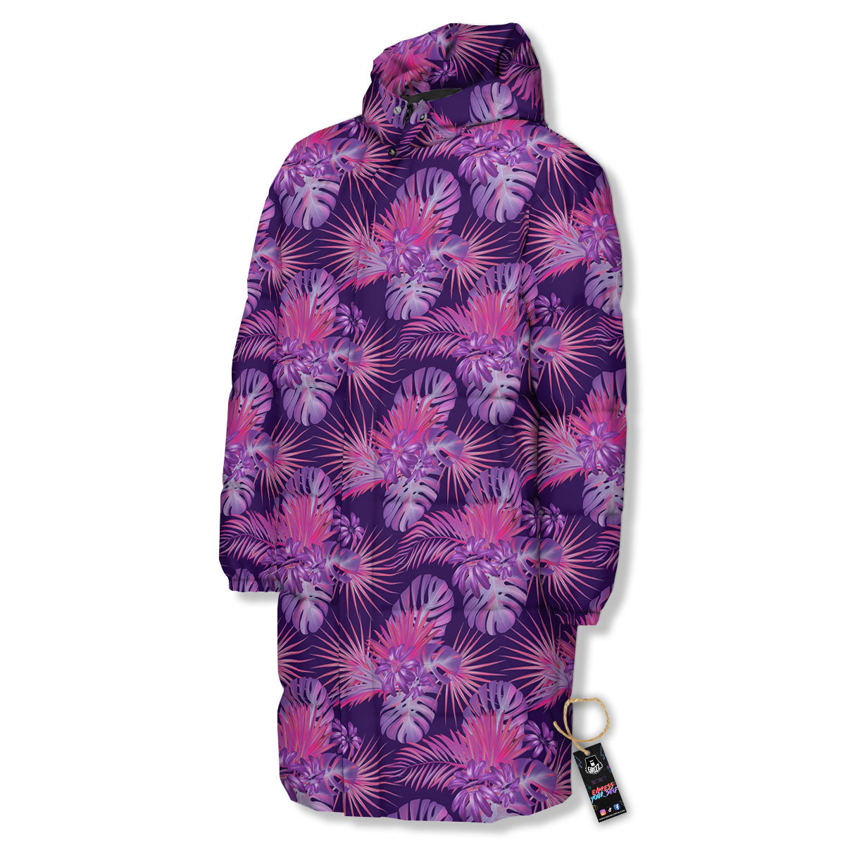 Tropical Purple Print Pattern Long Down Jacket-grizzshop