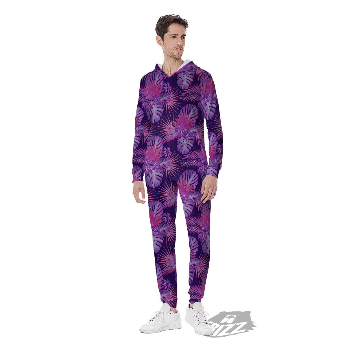 Tropical Purple Print Pattern Men's Jumpsuit-grizzshop