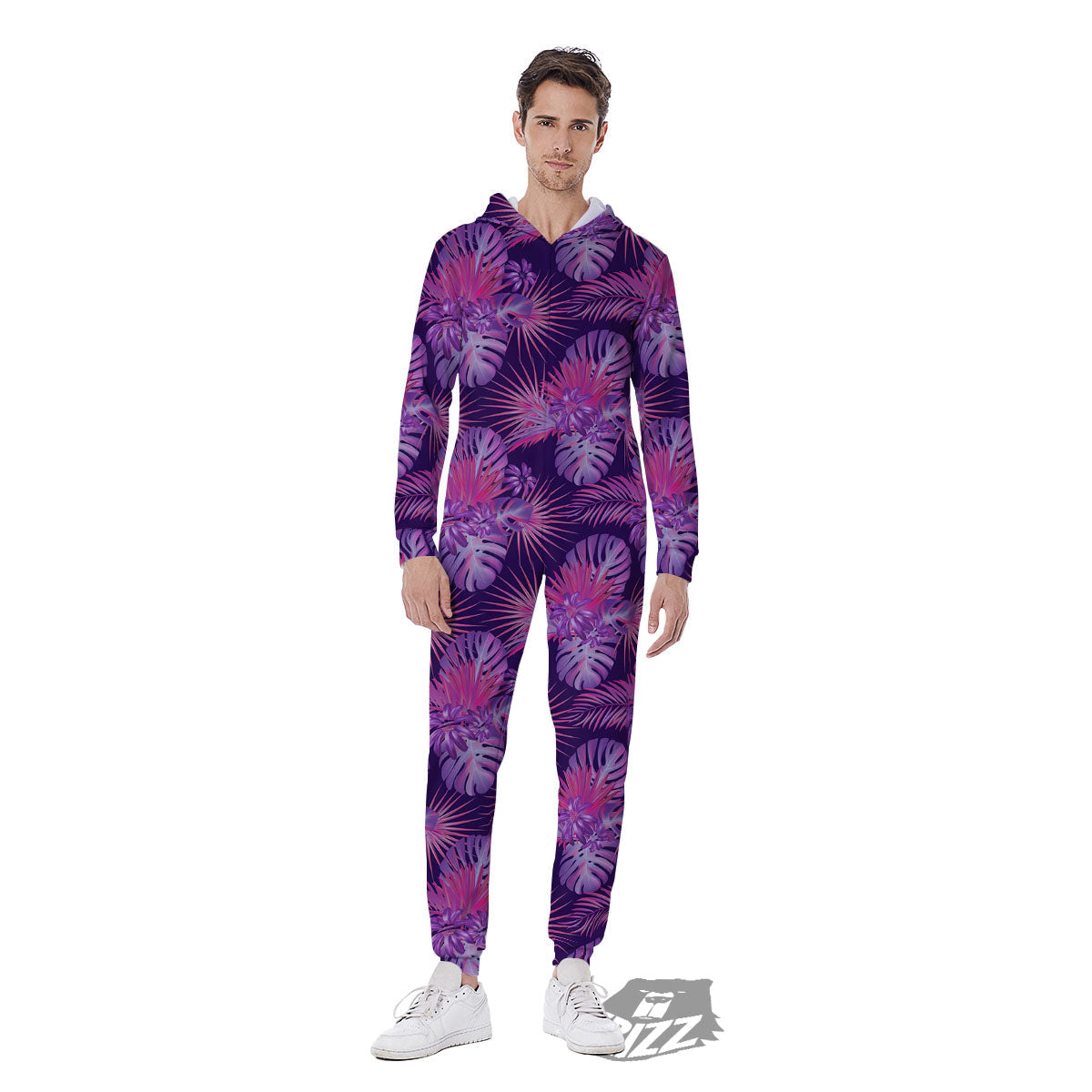 Tropical Purple Print Pattern Men's Jumpsuit-grizzshop