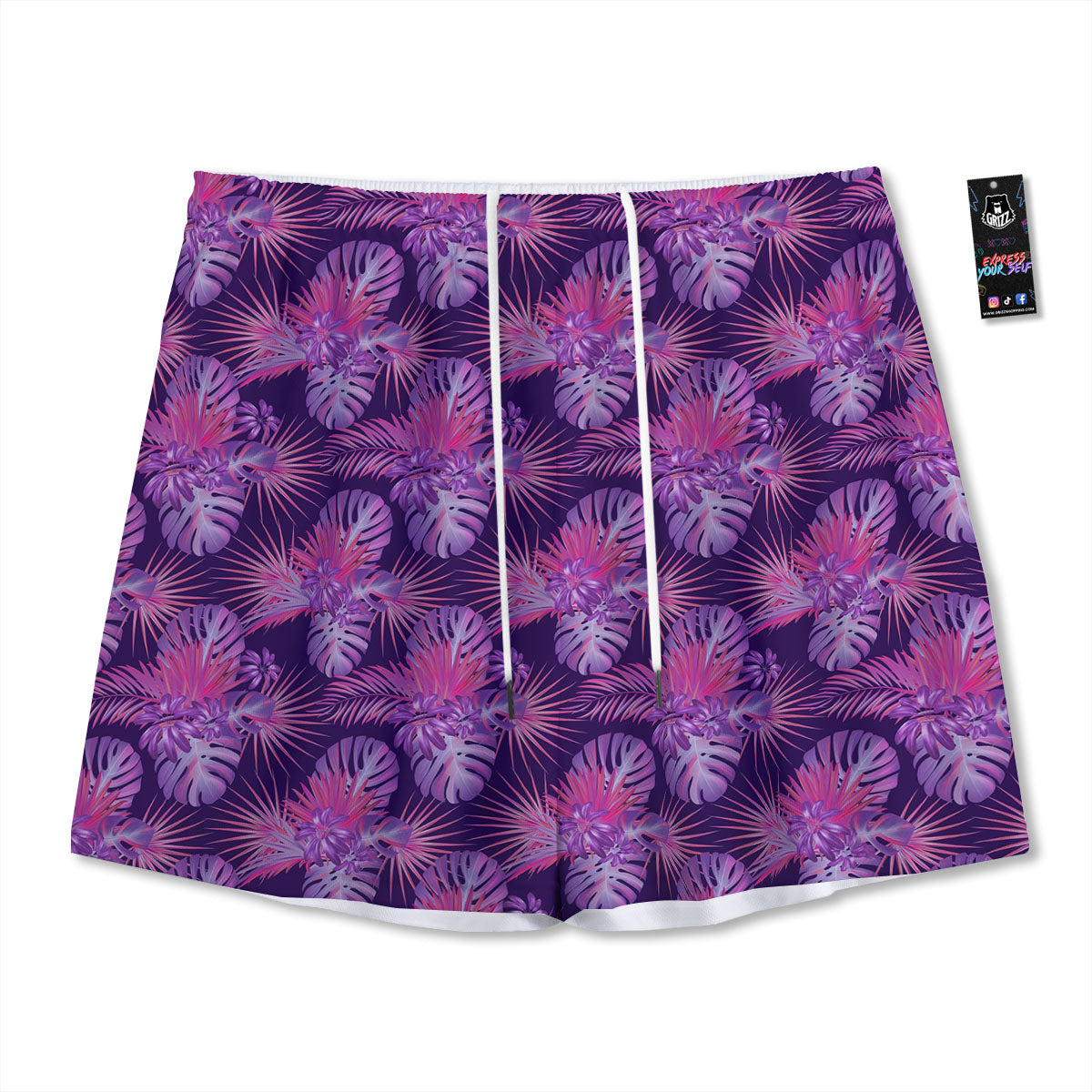 Tropical Purple Print Pattern Mesh Shorts-grizzshop