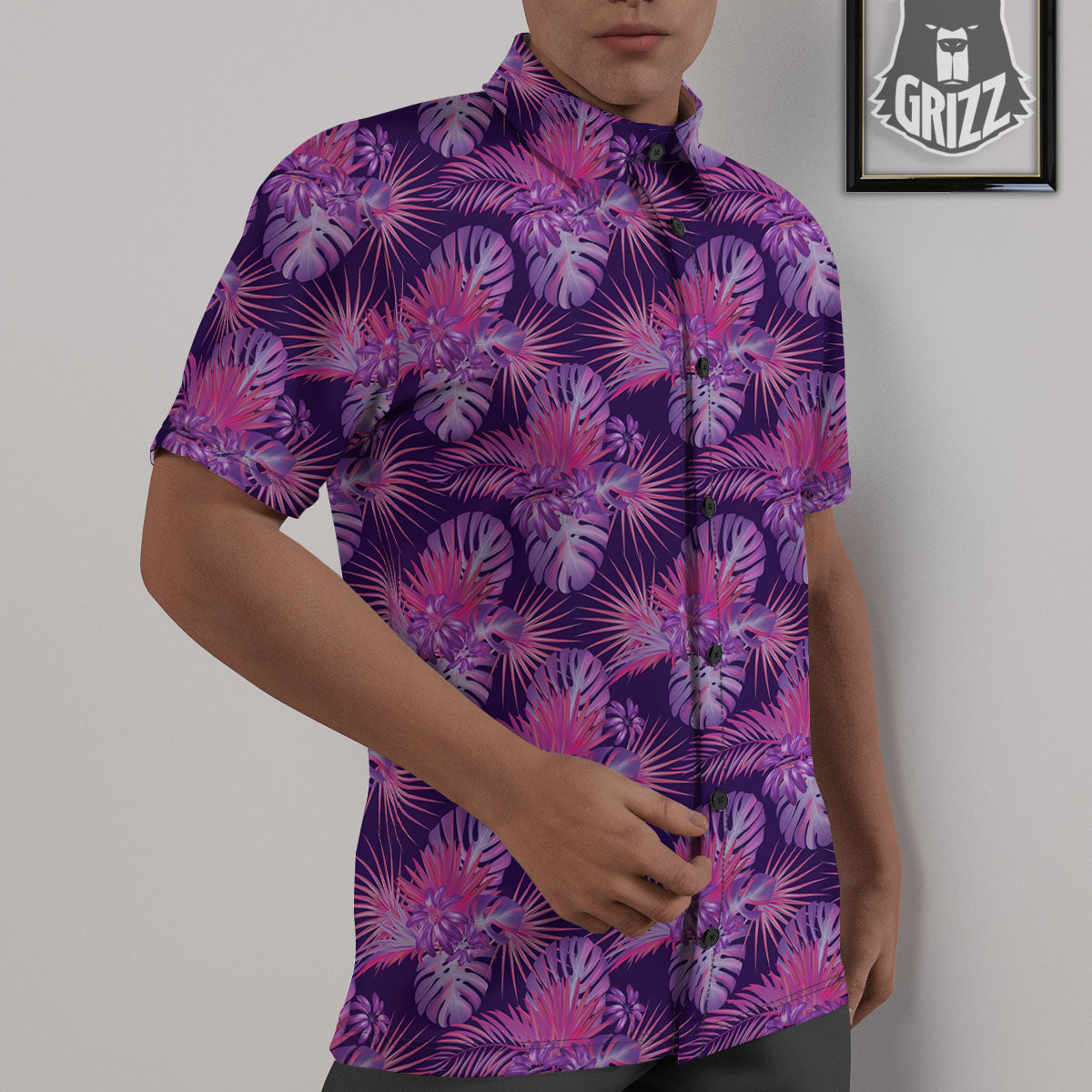 Tropical Purple Print Pattern Untucked Shirts-grizzshop
