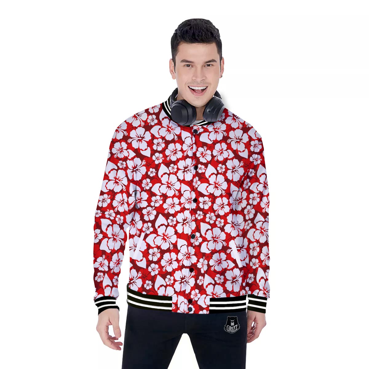 Tropical Red Hawaiian Print Pattern Baseball Jacket-grizzshop