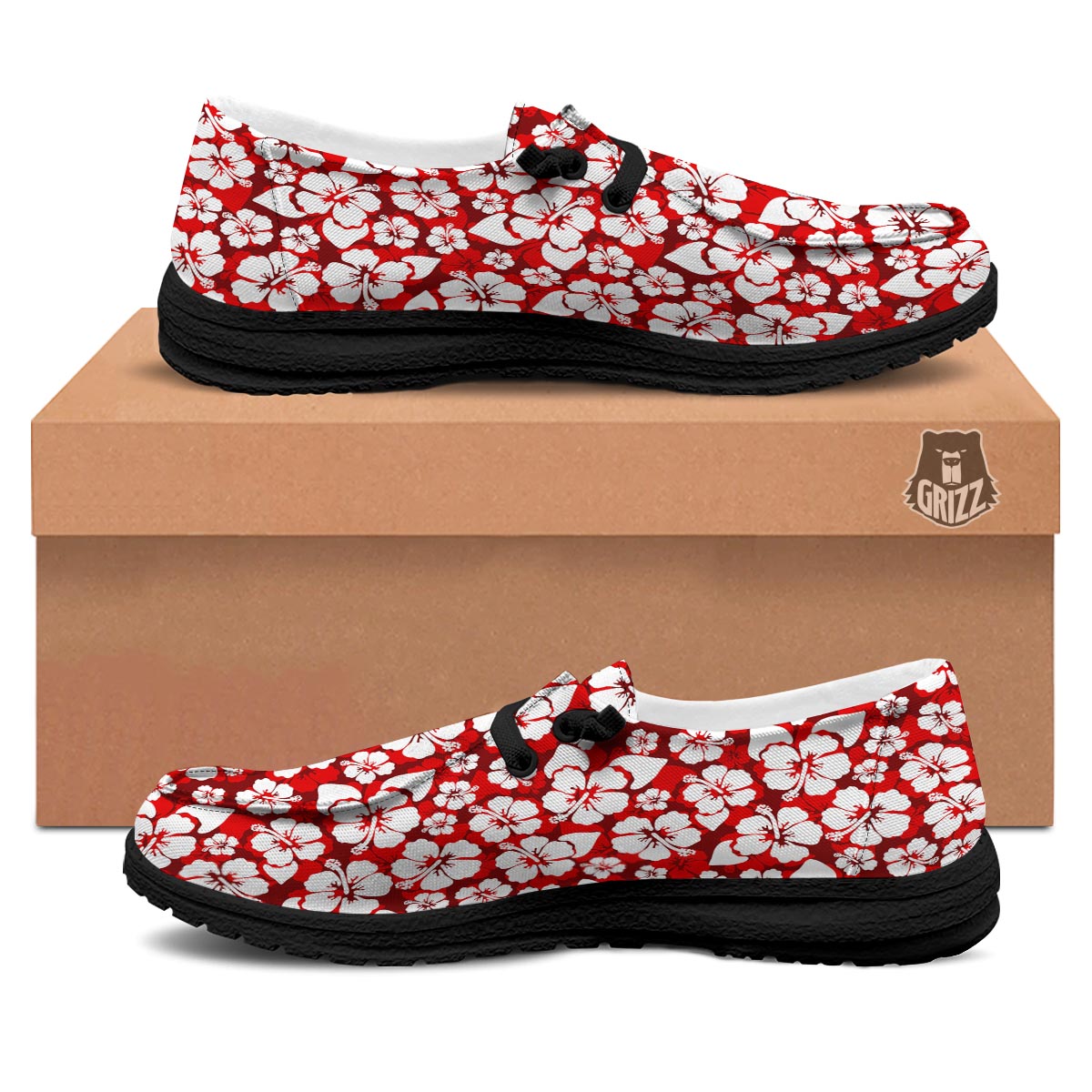Tropical Red Hawaiian Print Pattern Black Loafers-grizzshop