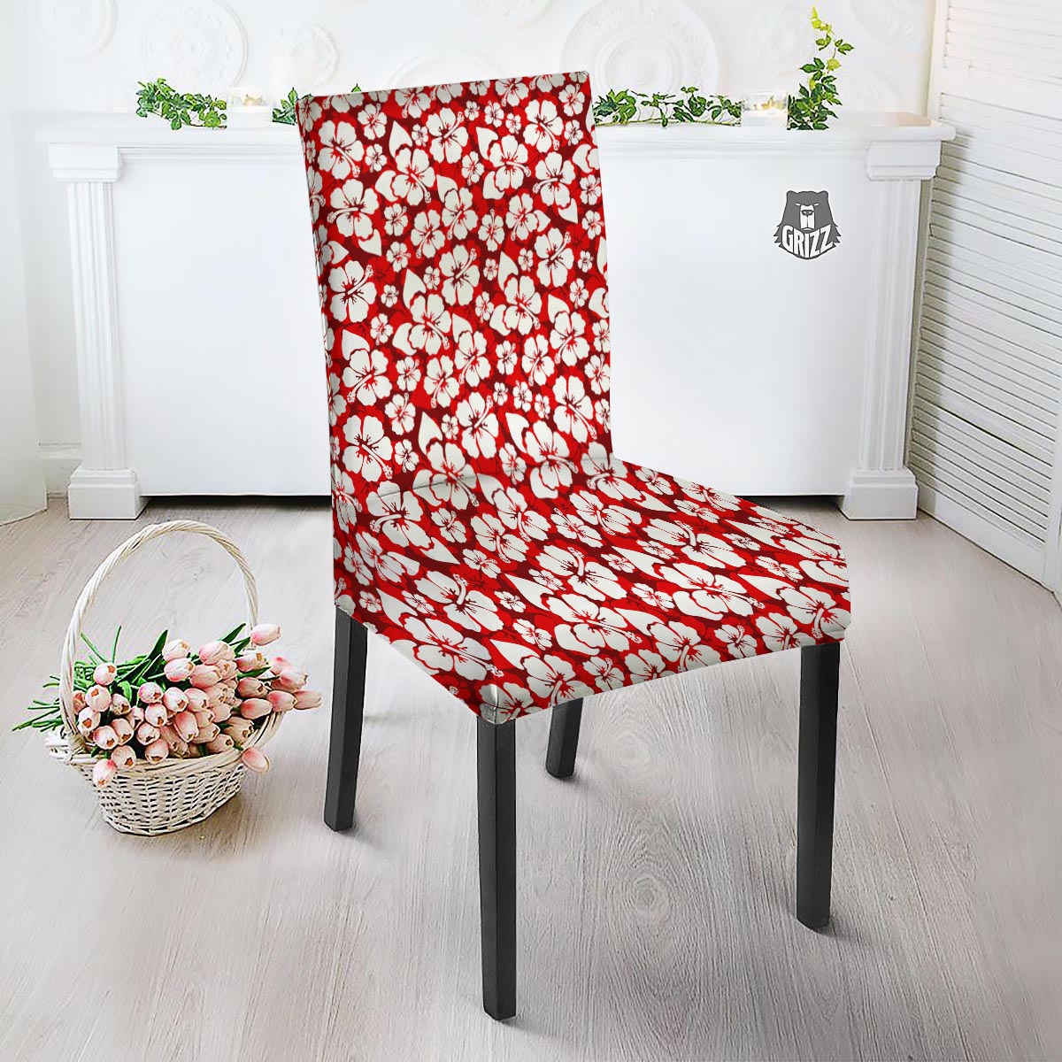 Tropical Red Hawaiian Print Pattern Dining Chair Slipcover-grizzshop