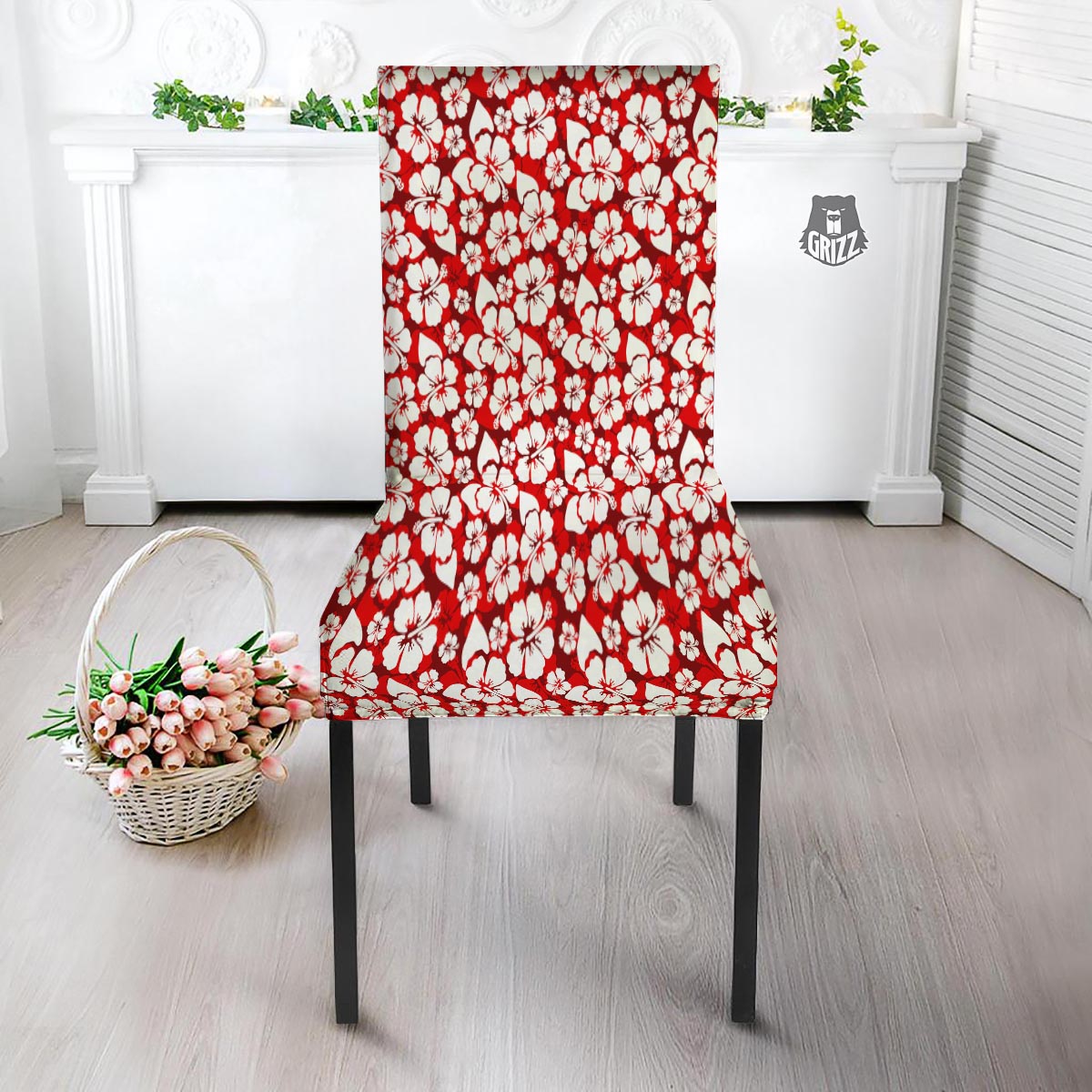Tropical Red Hawaiian Print Pattern Dining Chair Slipcover-grizzshop