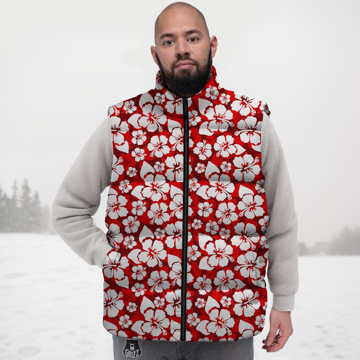 Tropical Red Hawaiian Print Pattern Down Vest-grizzshop