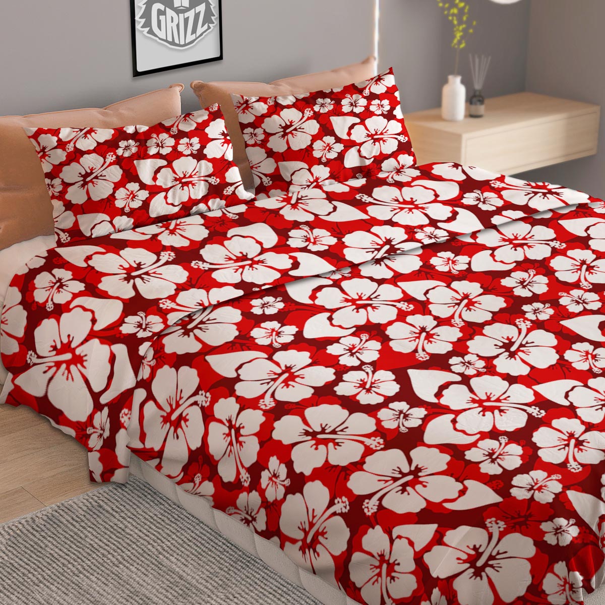 Tropical Red Hawaiian Print Pattern Duvet Cover Bedding Set
