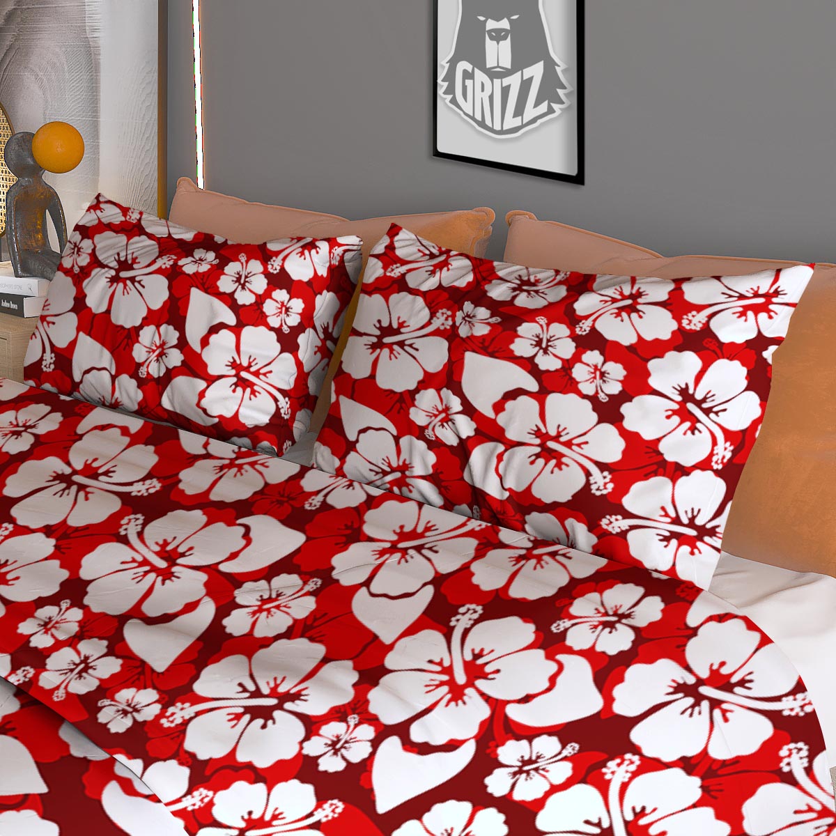 Tropical Red Hawaiian Print Pattern Duvet Cover Bedding Set