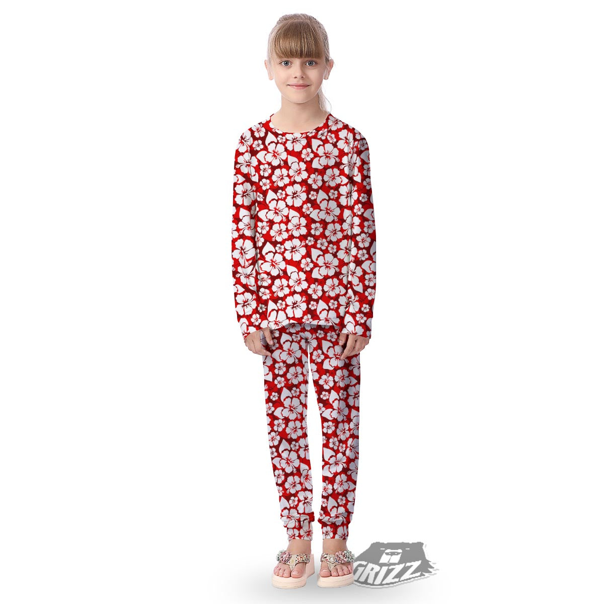 Tropical Red Hawaiian Print Pattern Kid's Pajamas-grizzshop