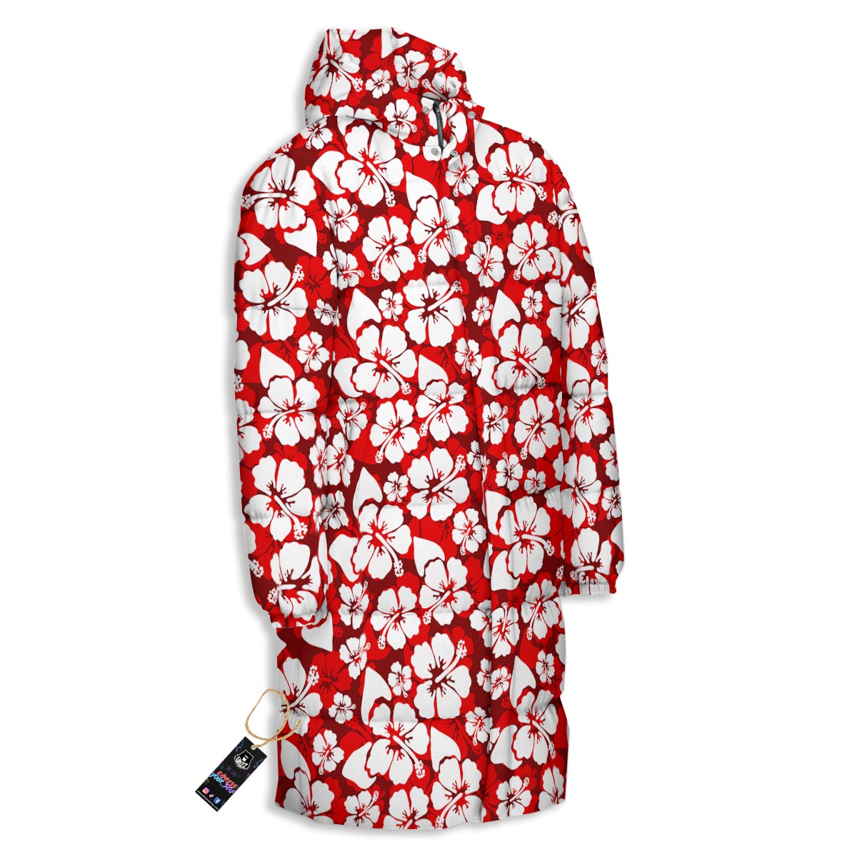 Tropical Red Hawaiian Print Pattern Long Down Jacket-grizzshop