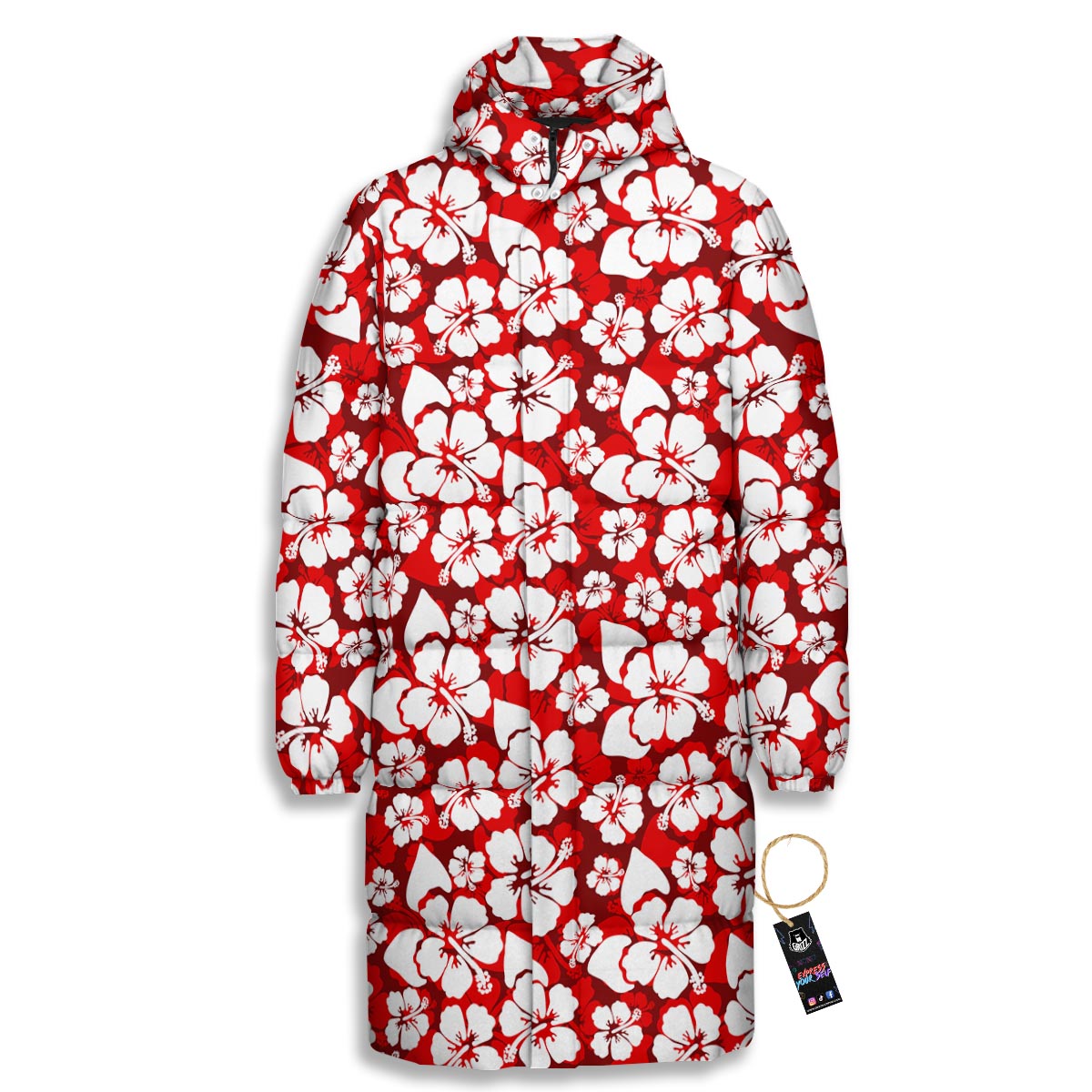 Tropical Red Hawaiian Print Pattern Long Down Jacket-grizzshop