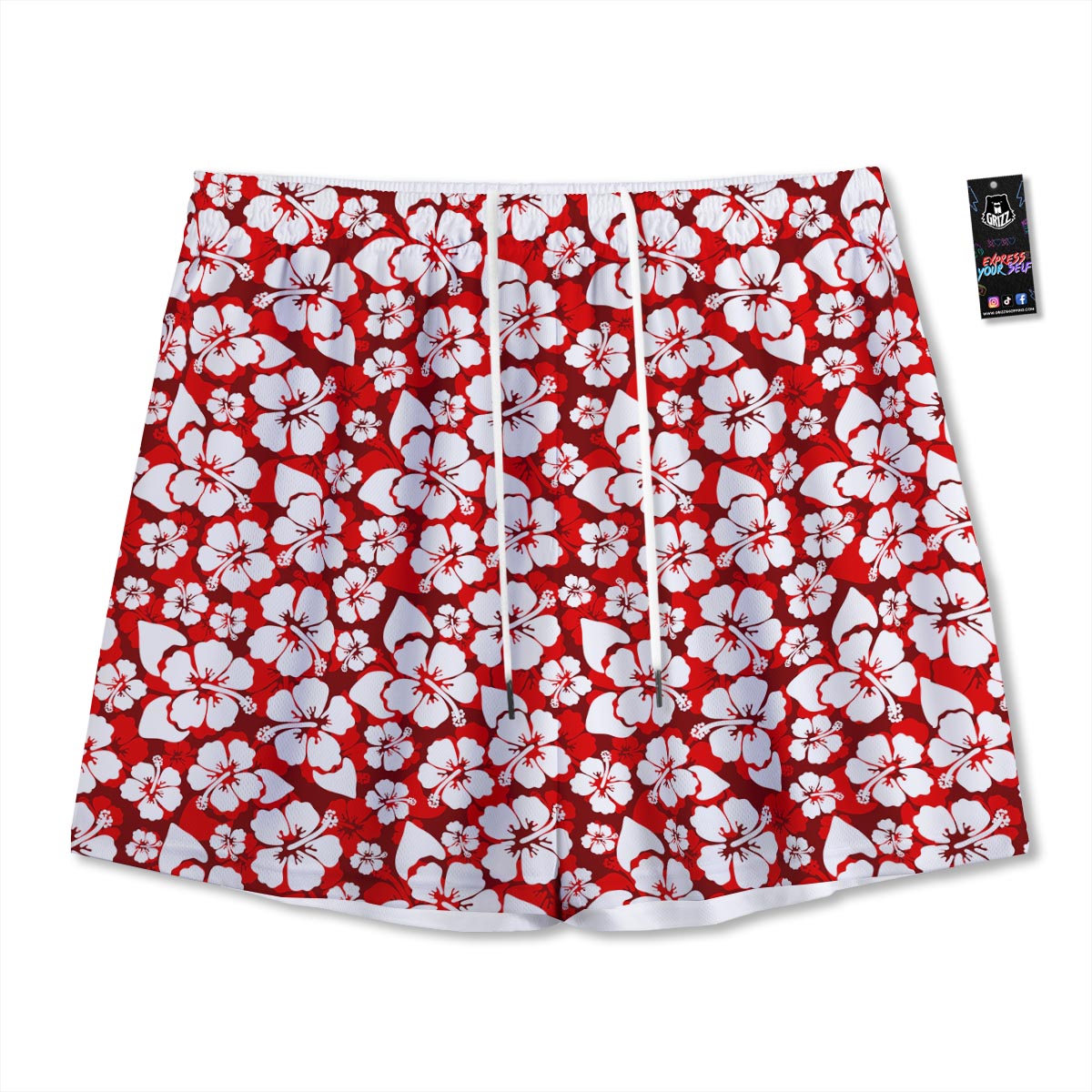 Tropical Red Hawaiian Print Pattern Mesh Shorts