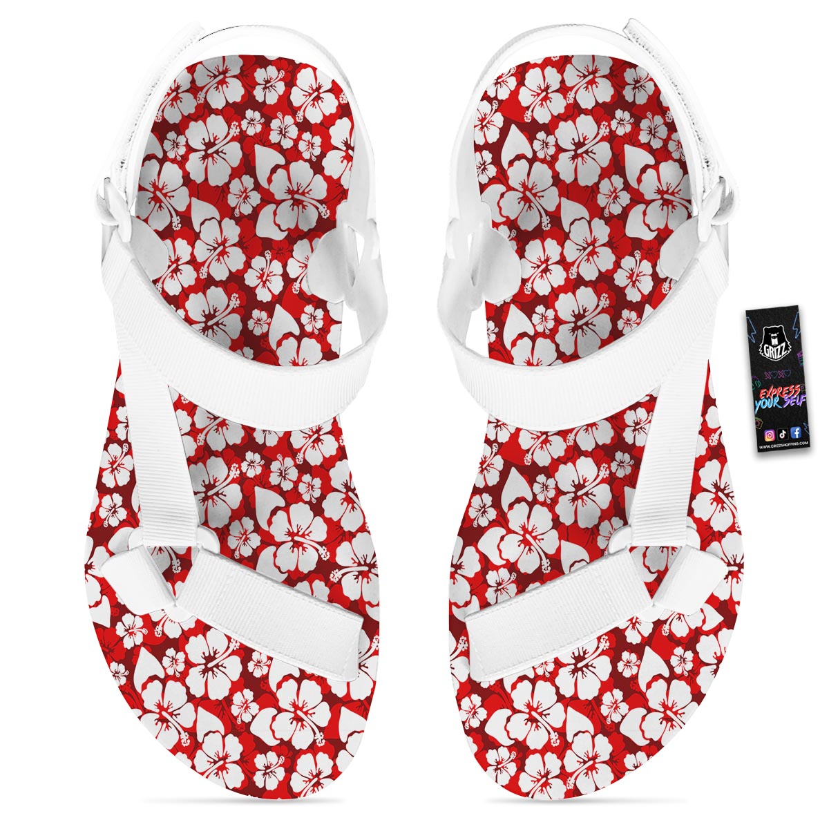 Tropical Red Hawaiian Print Pattern White Open Toe Sandals-grizzshop