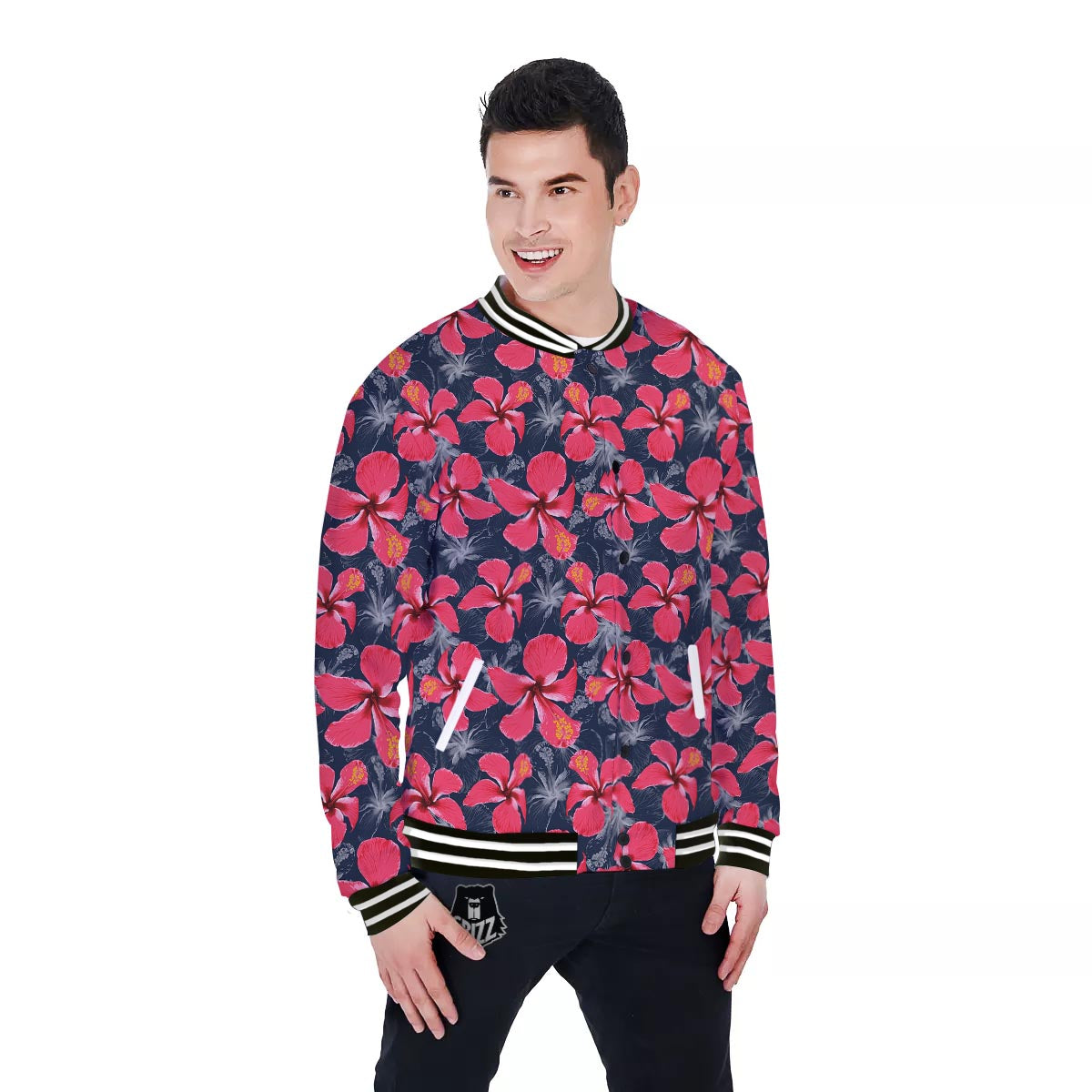 Tropical Red Hibiscus Print Pattern Baseball Jacket-grizzshop