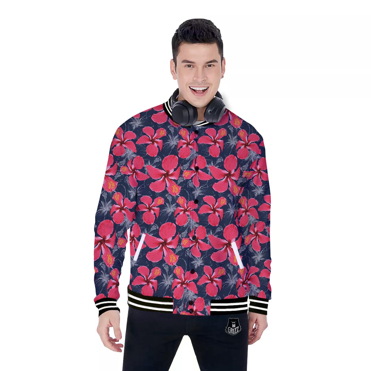 Tropical Red Hibiscus Print Pattern Baseball Jacket-grizzshop