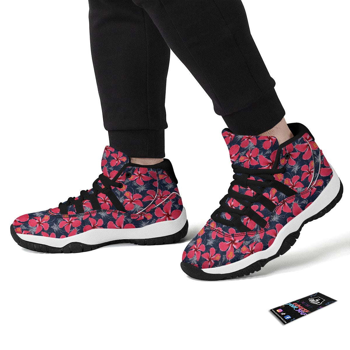 Tropical Red Hibiscus Print Pattern Black Bball Shoes-grizzshop