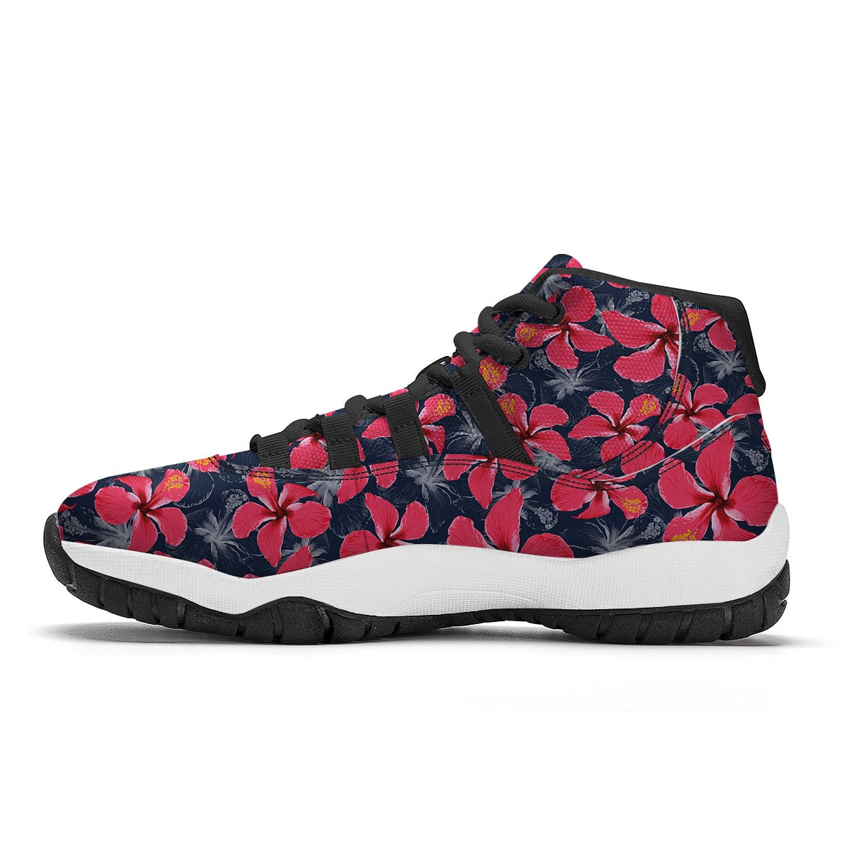 Tropical Red Hibiscus Print Pattern Black Bball Shoes-grizzshop