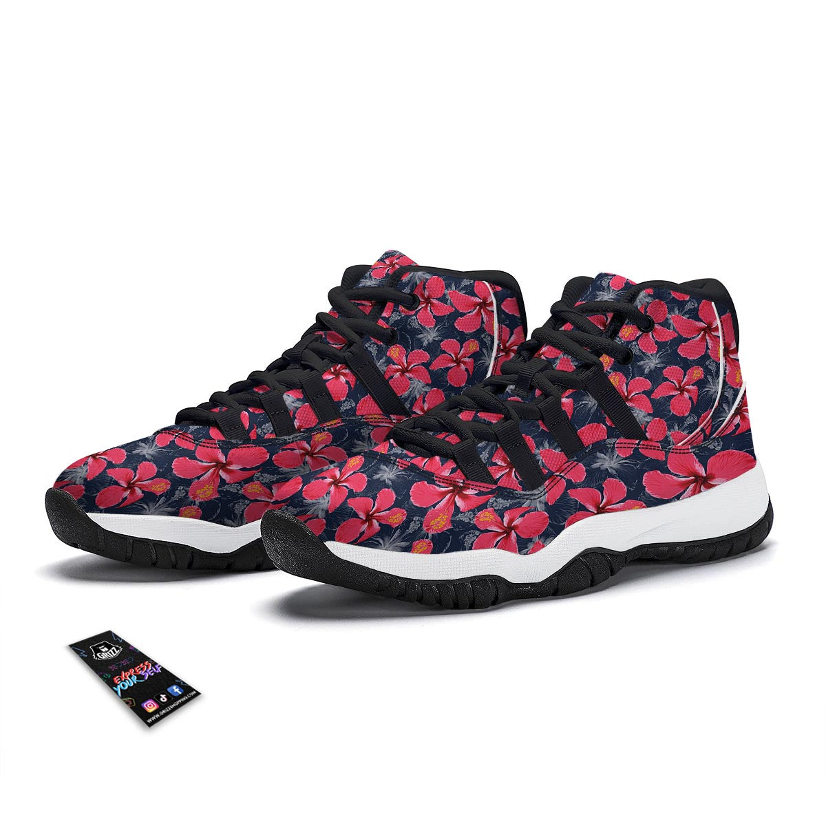 Tropical Red Hibiscus Print Pattern Black Bball Shoes-grizzshop
