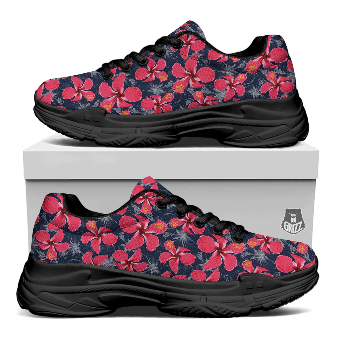Tropical Red Hibiscus Print Pattern Black Chunky Shoes-grizzshop