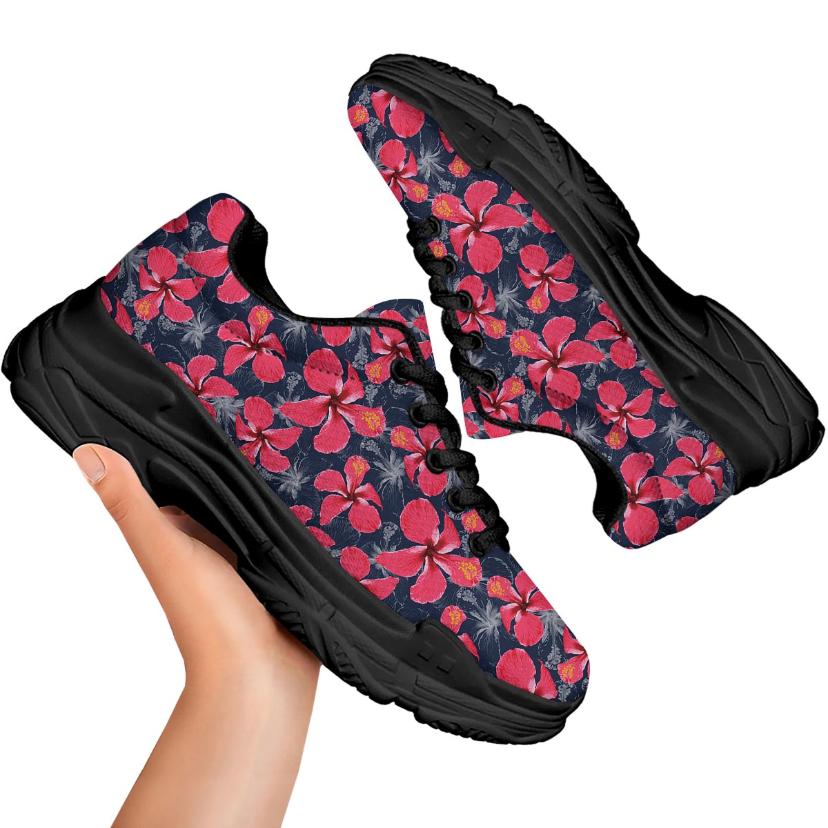 Tropical Red Hibiscus Print Pattern Black Chunky Shoes-grizzshop