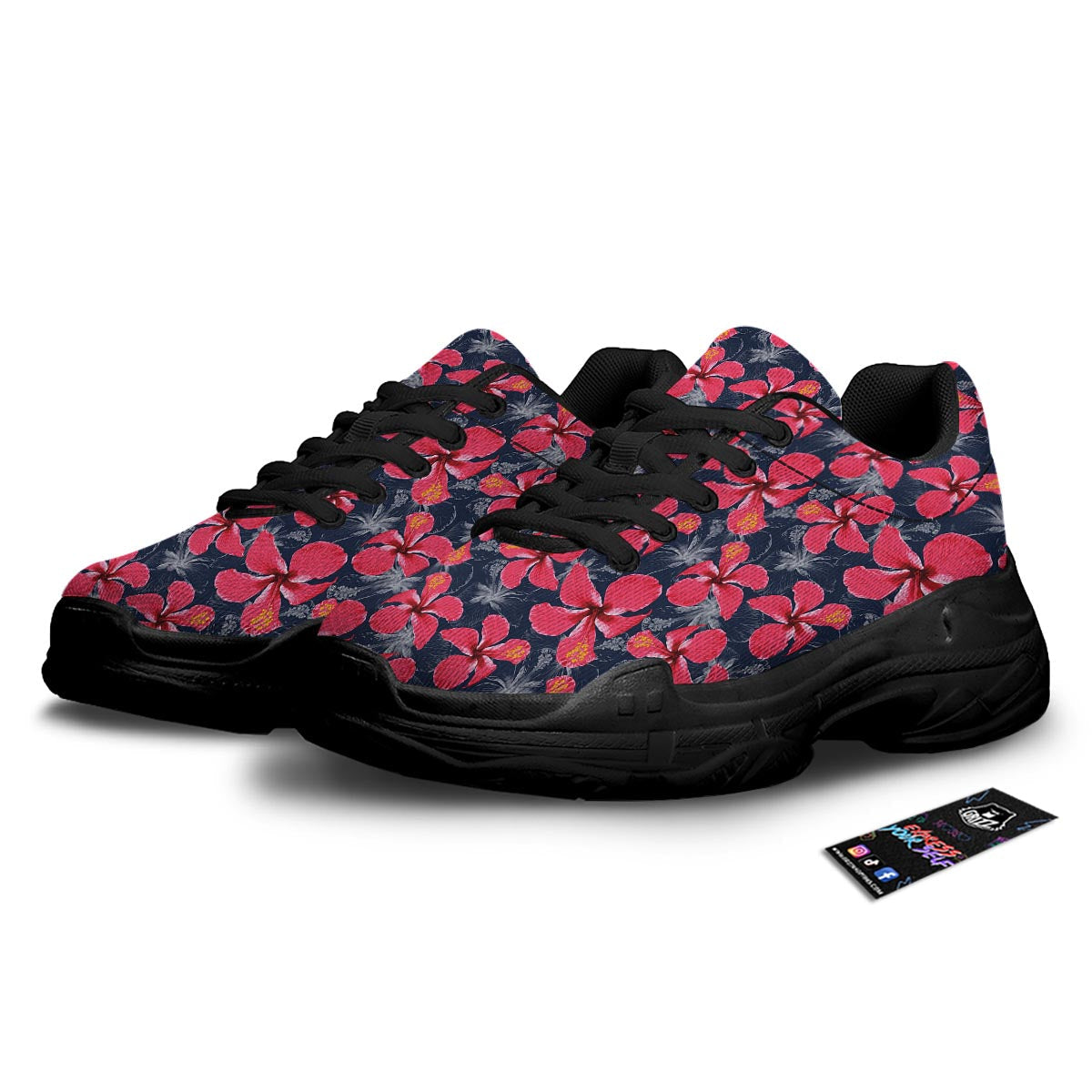 Tropical Red Hibiscus Print Pattern Black Chunky Shoes-grizzshop