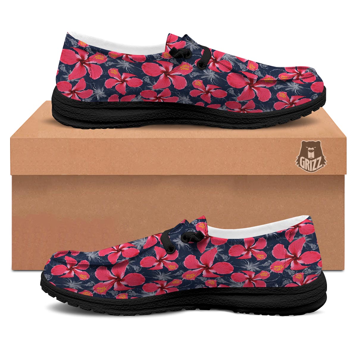 Tropical Red Hibiscus Print Pattern Black Loafers-grizzshop