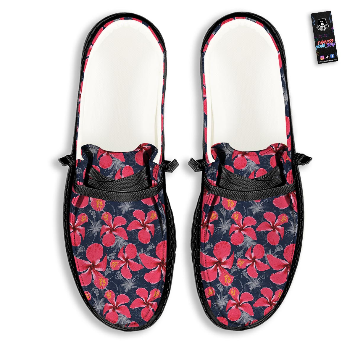 Tropical Red Hibiscus Print Pattern Black Loafers-grizzshop