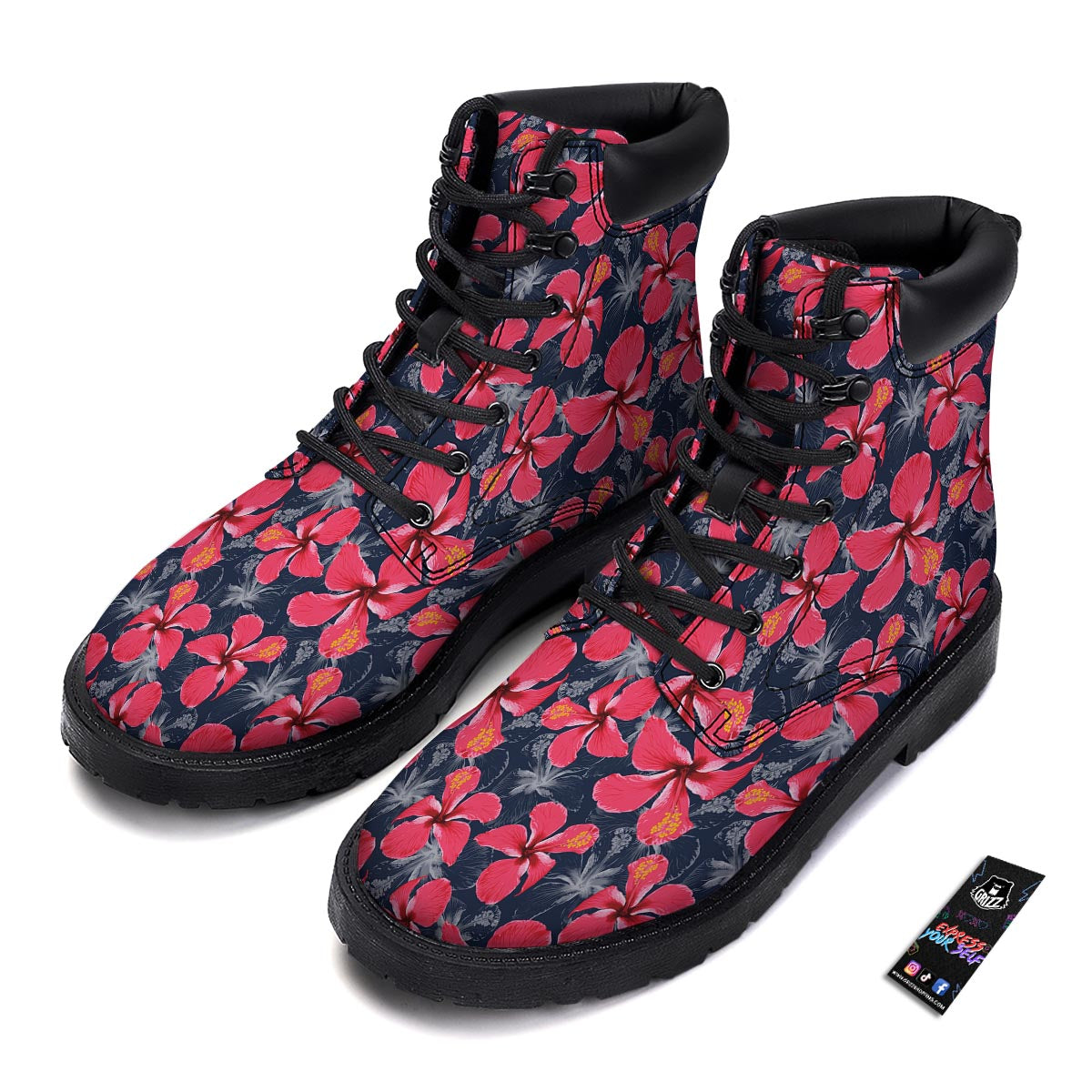 Tropical Red Hibiscus Print Pattern Boots-grizzshop