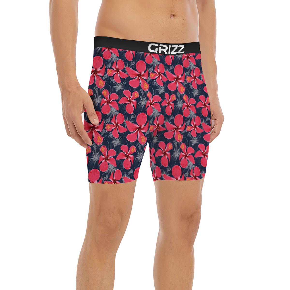 Tropical Red Hibiscus Print Pattern Boxer Briefs-grizzshop