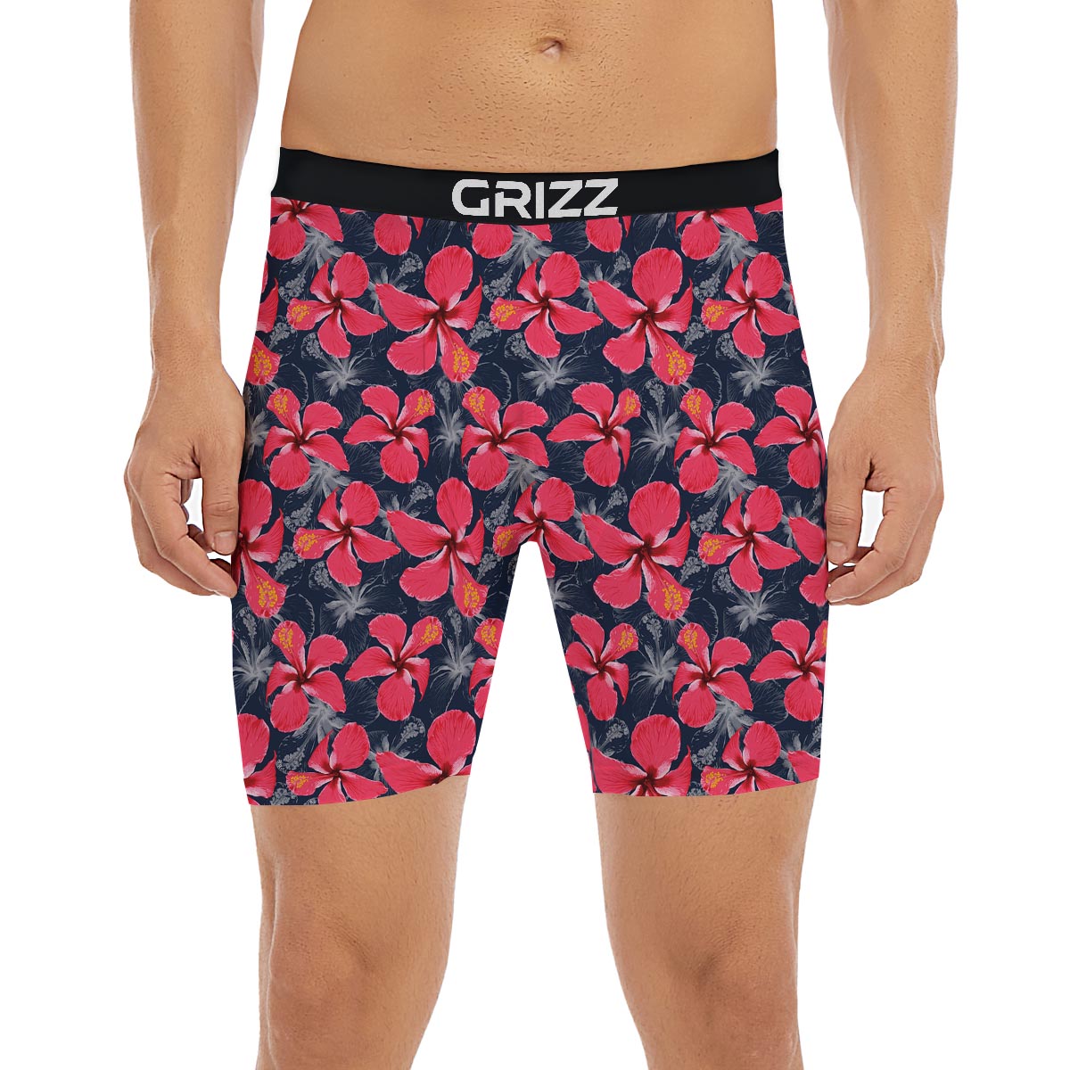 Tropical Red Hibiscus Print Pattern Boxer Briefs-grizzshop
