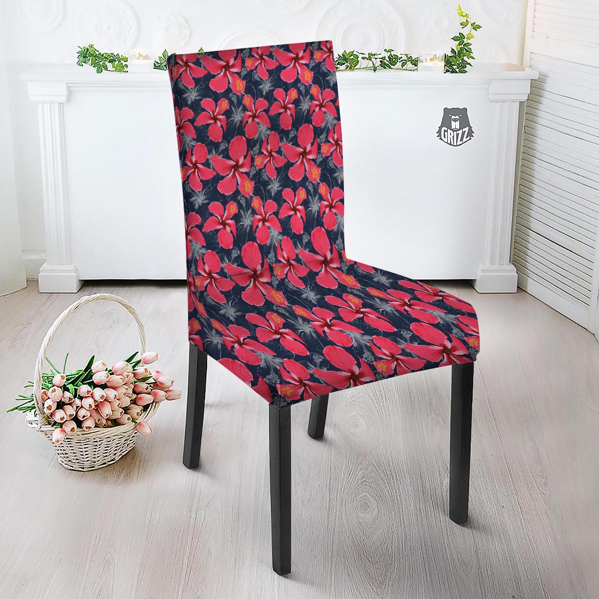 Tropical Red Hibiscus Print Pattern Dining Chair Slipcover-grizzshop