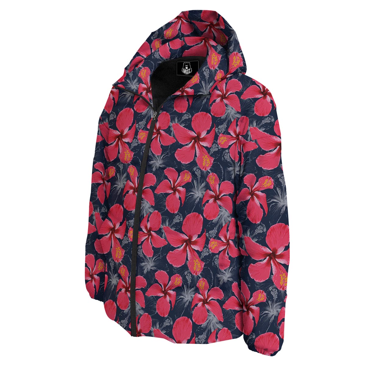 Tropical Red Hibiscus Print Pattern Down Jacket-grizzshop