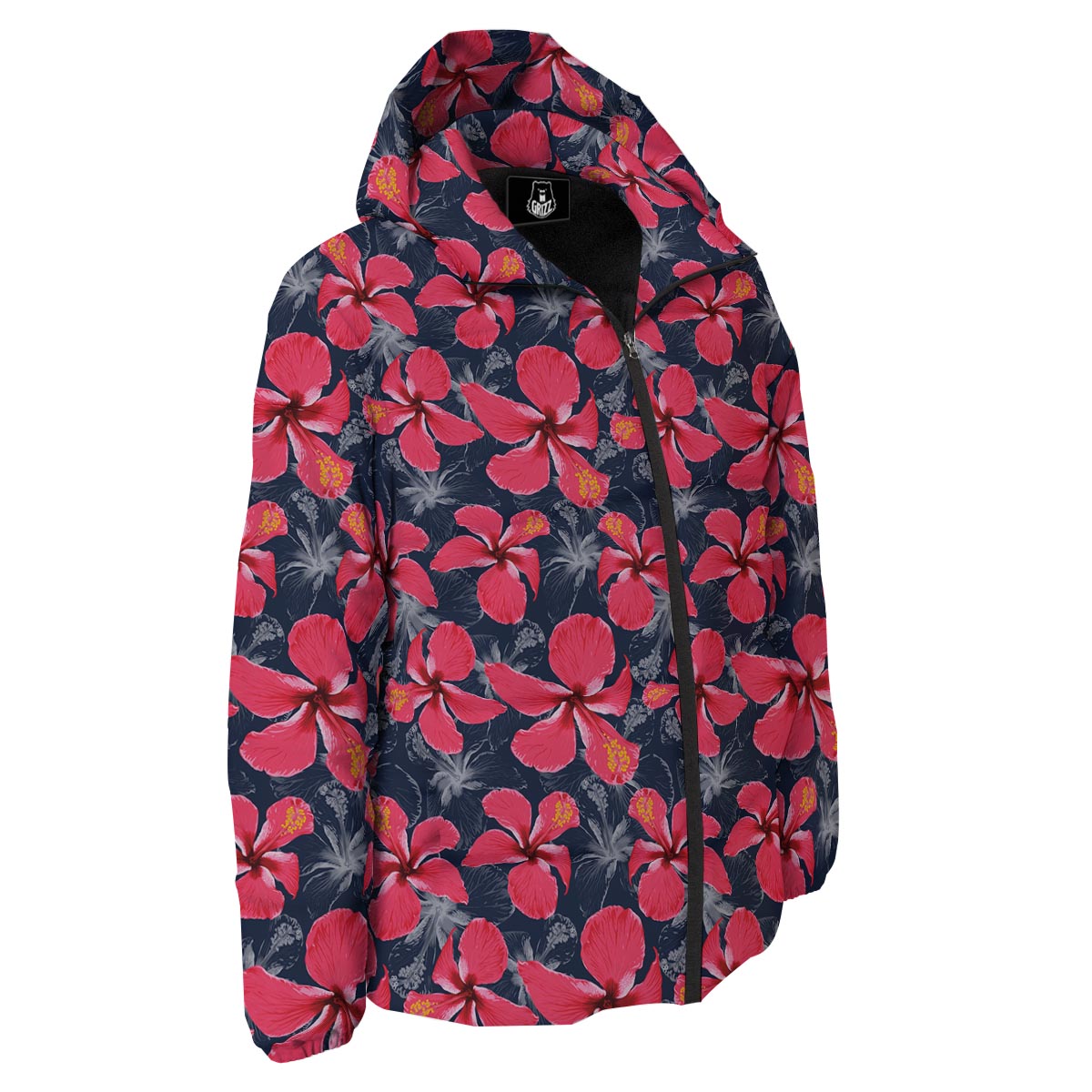 Tropical Red Hibiscus Print Pattern Down Jacket-grizzshop