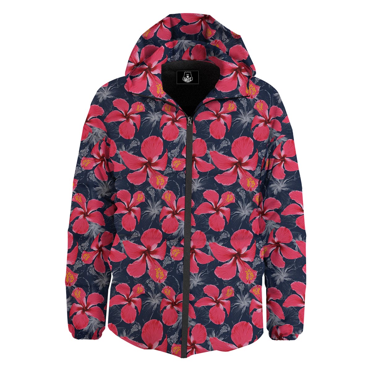 Tropical Red Hibiscus Print Pattern Down Jacket-grizzshop